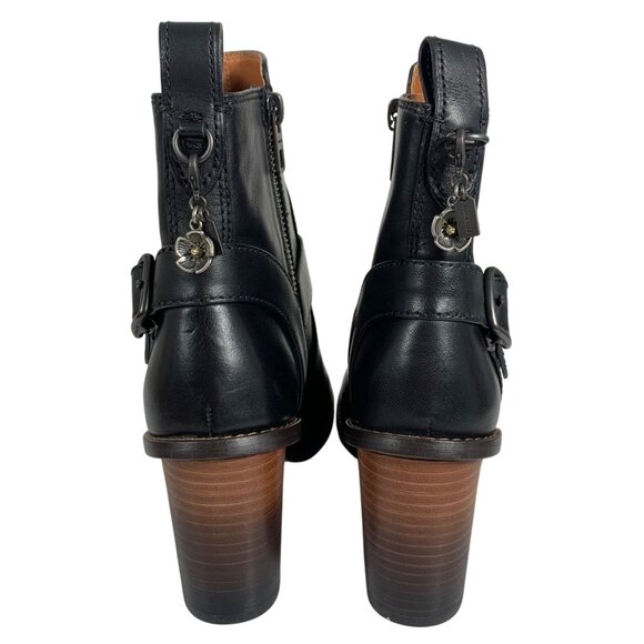 COACH 1941 Women Black Leather Moto Booties Turnlock Buckles Stacked Heels NWOB - Picture 3 of 8